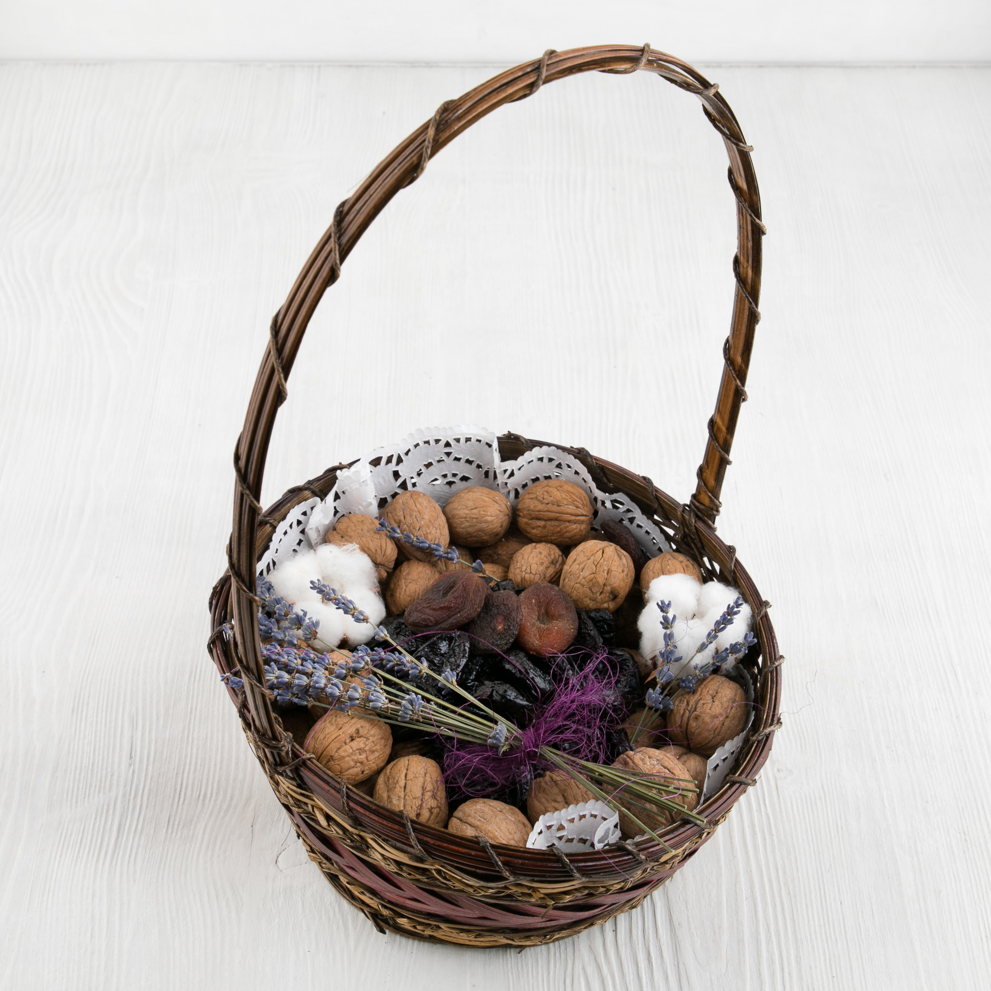 Фото подарочной корзины с орехами и сухофруктами