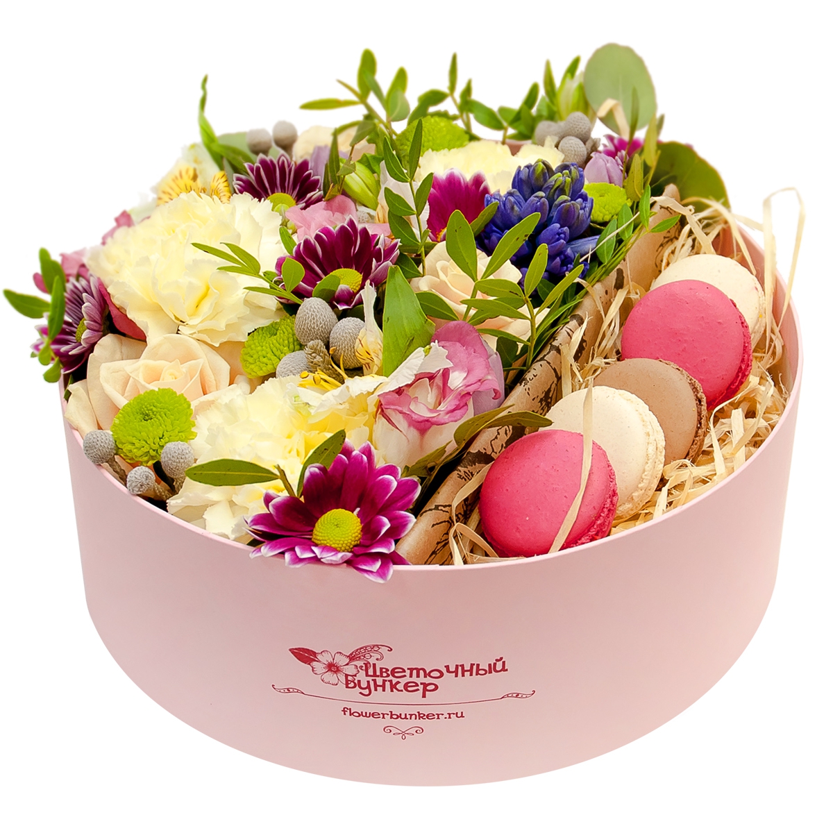 Цветы в коробке с макаруни "Розовое золото"